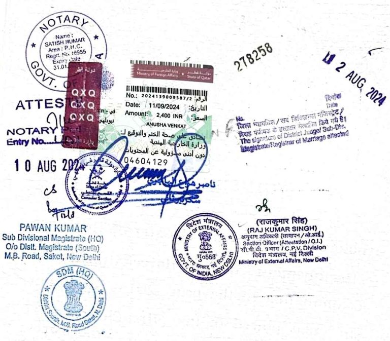 Qatar Embassy Attestation in Bangalore sample document