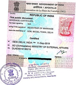 Marriage certificate with apostille stamp from Pune