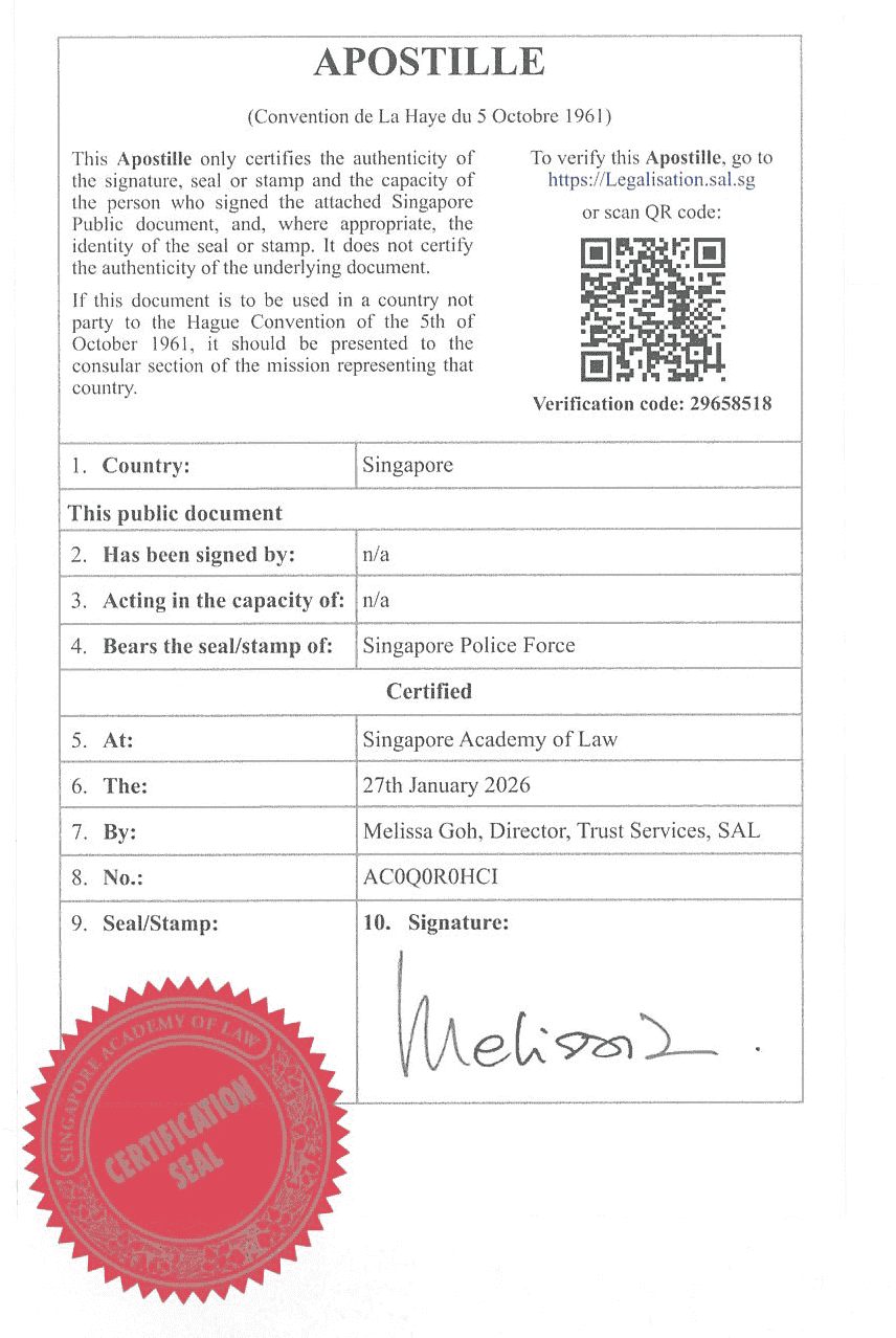 Singapore COC Apostille & Singapore PCC Apostille