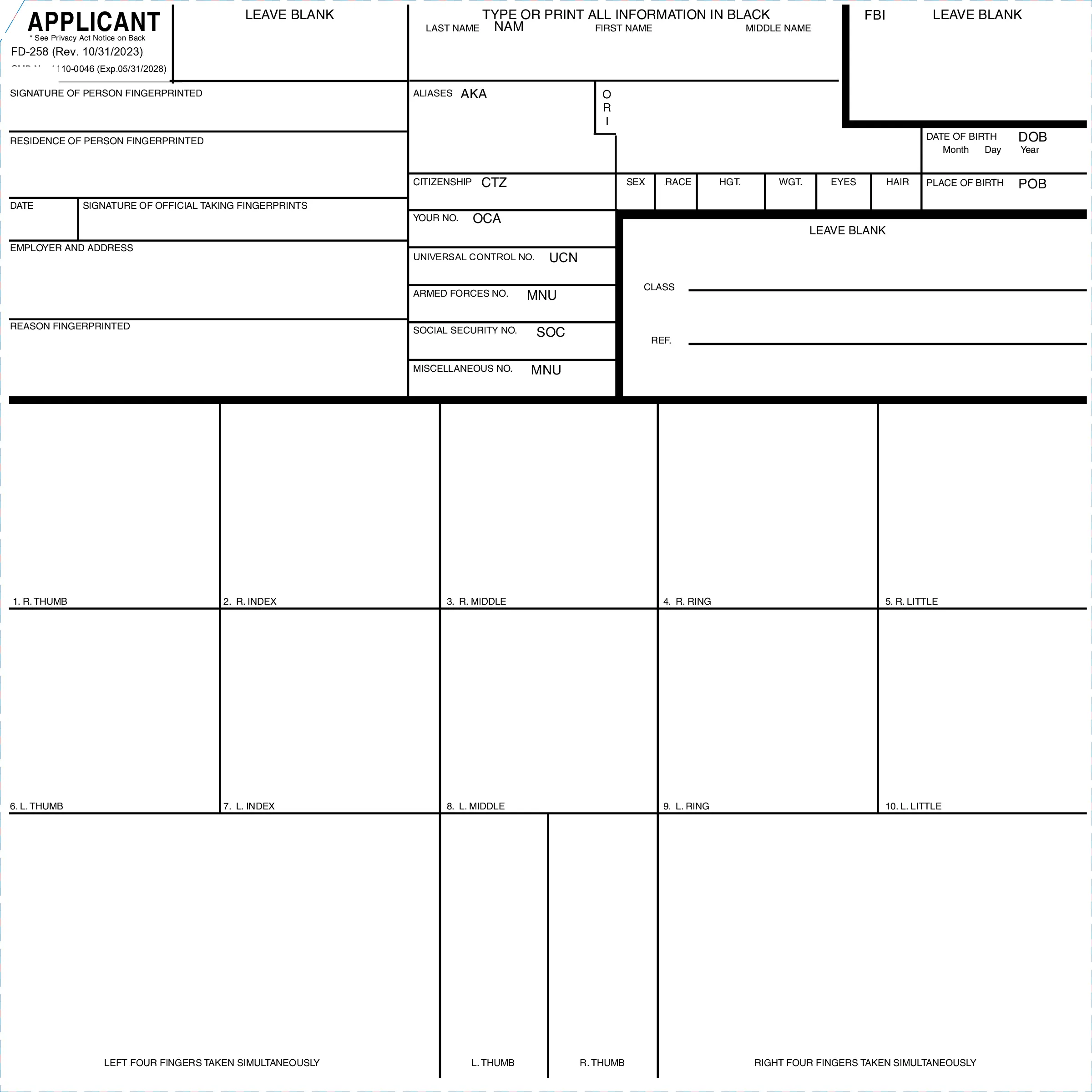FBI FD-258 Card Sample