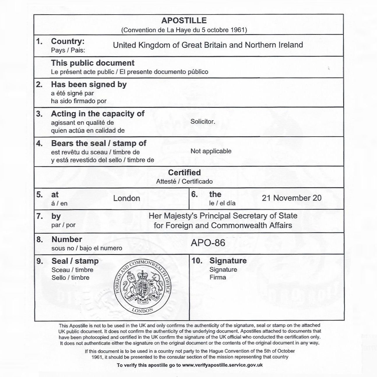 UK Apostille Service — FCDO Stamp Sample